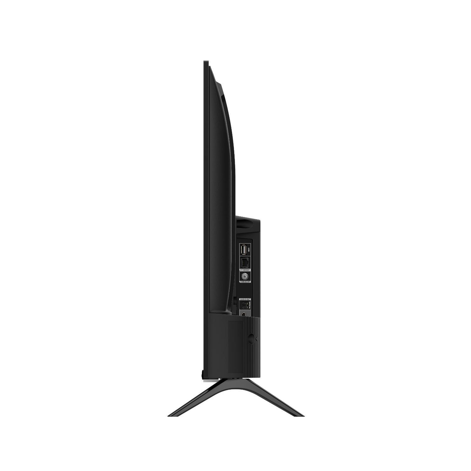 Side profile of a black TV. It is on a stand, with ports visible on the side.