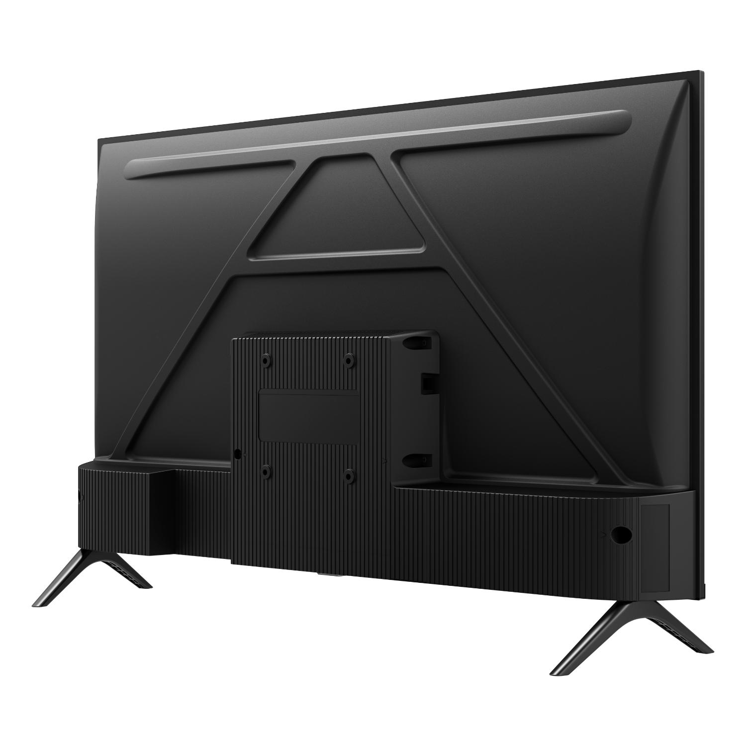 Rear view of a black TV with stand. The TV has a sleek design and a mounting bracket.