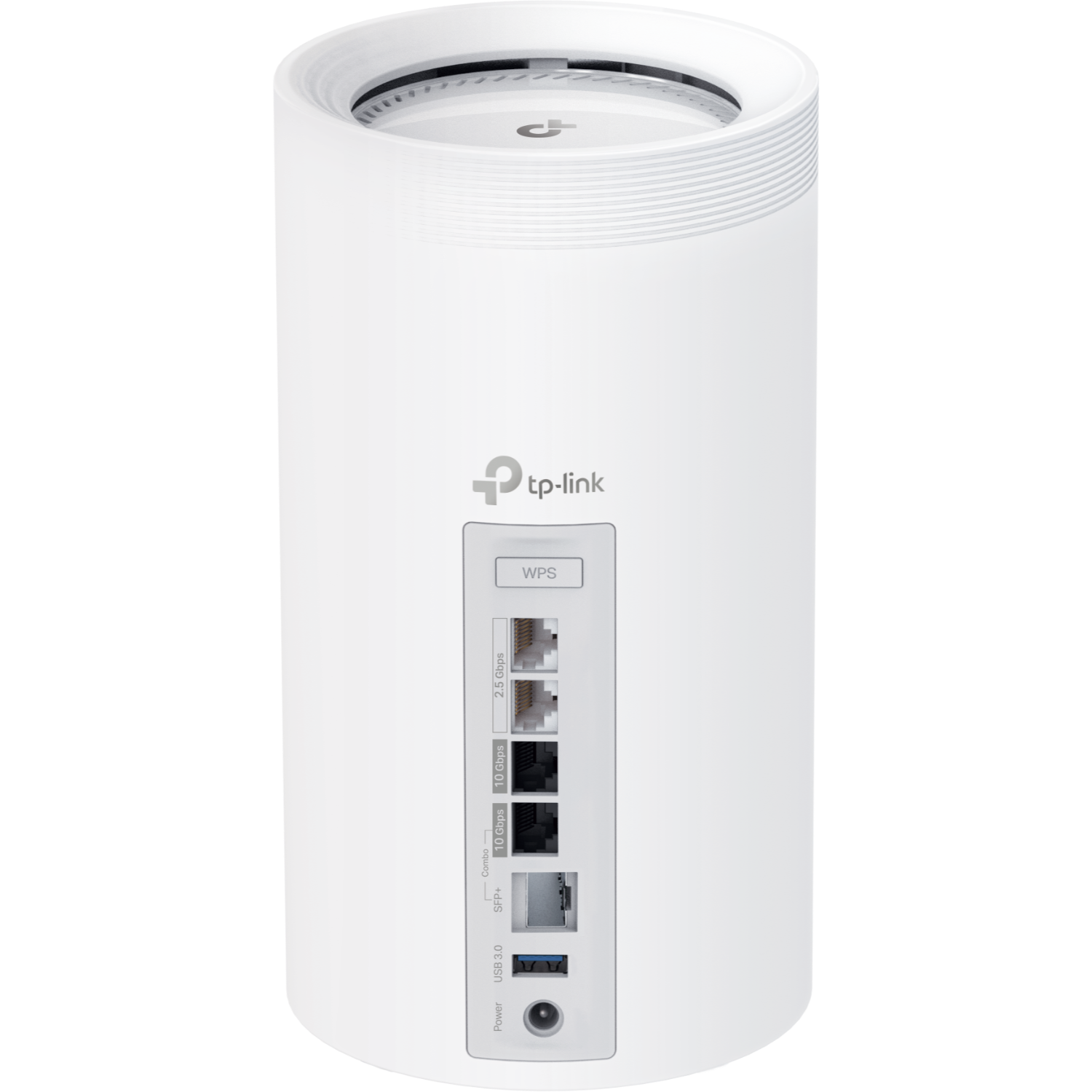 Witte TP-Link router, cilindrische vorm, poorten zichtbaar aan de achterkant.