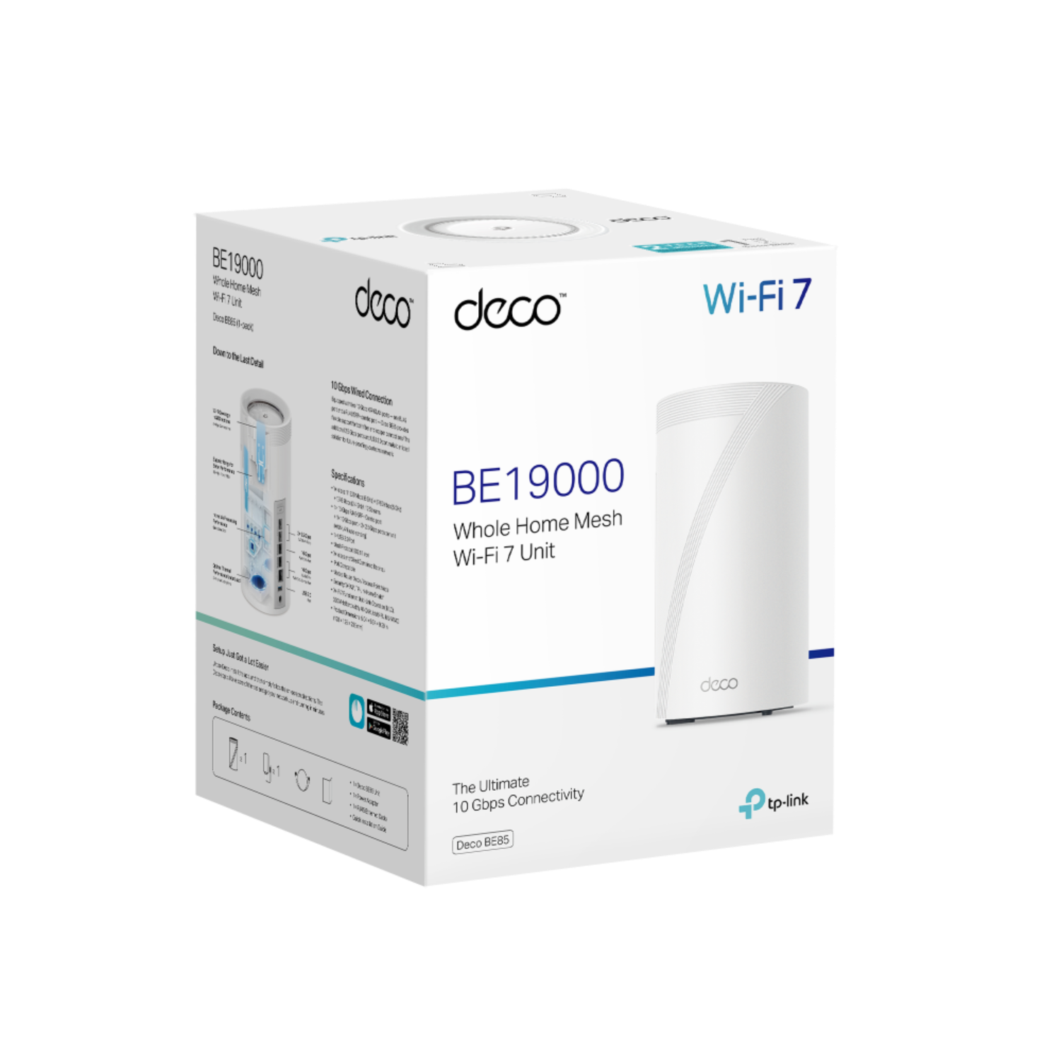 Witte TP-Link Deco Wi-Fi 7 unit verpakking, met het product en zijn kenmerken.