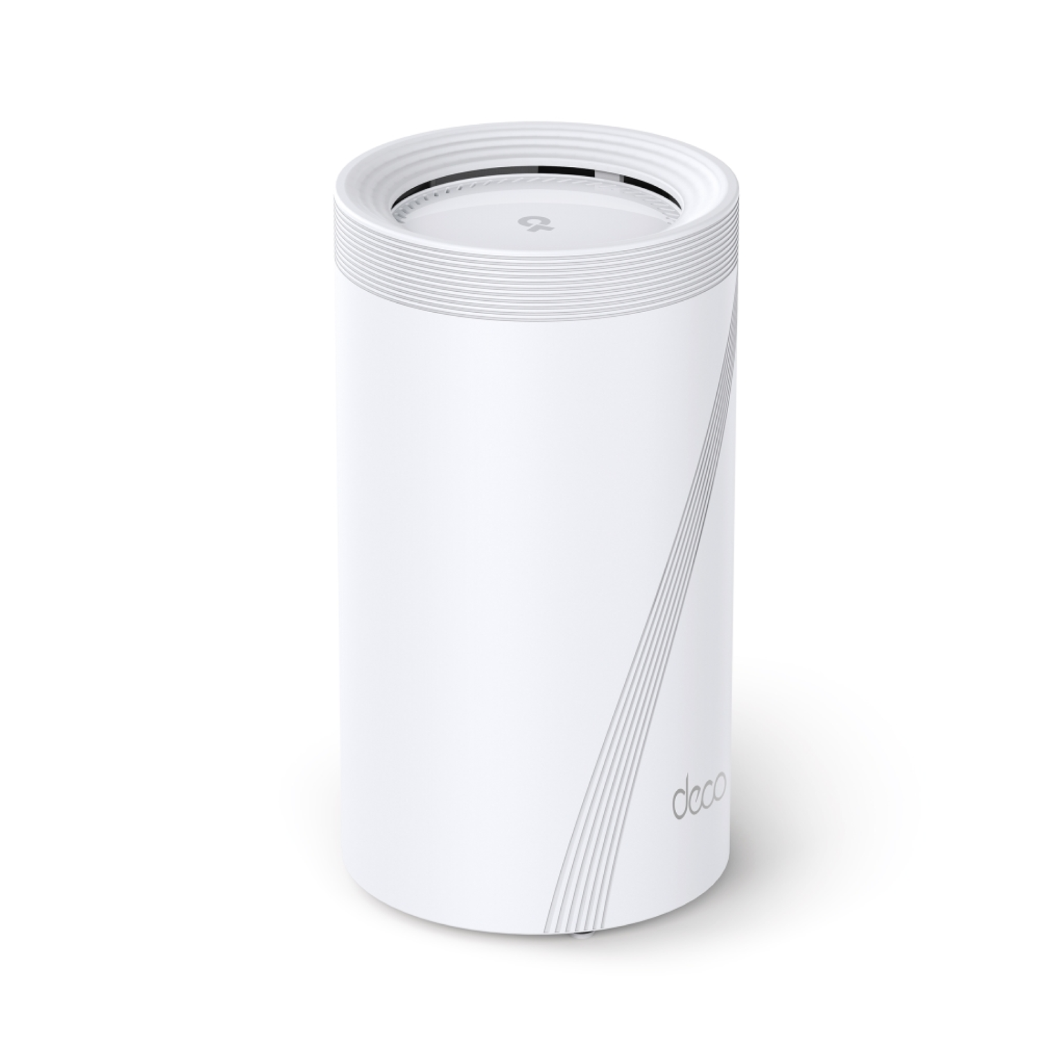 Routeur Wi-Fi maillé Deco cylindrique blanc debout.