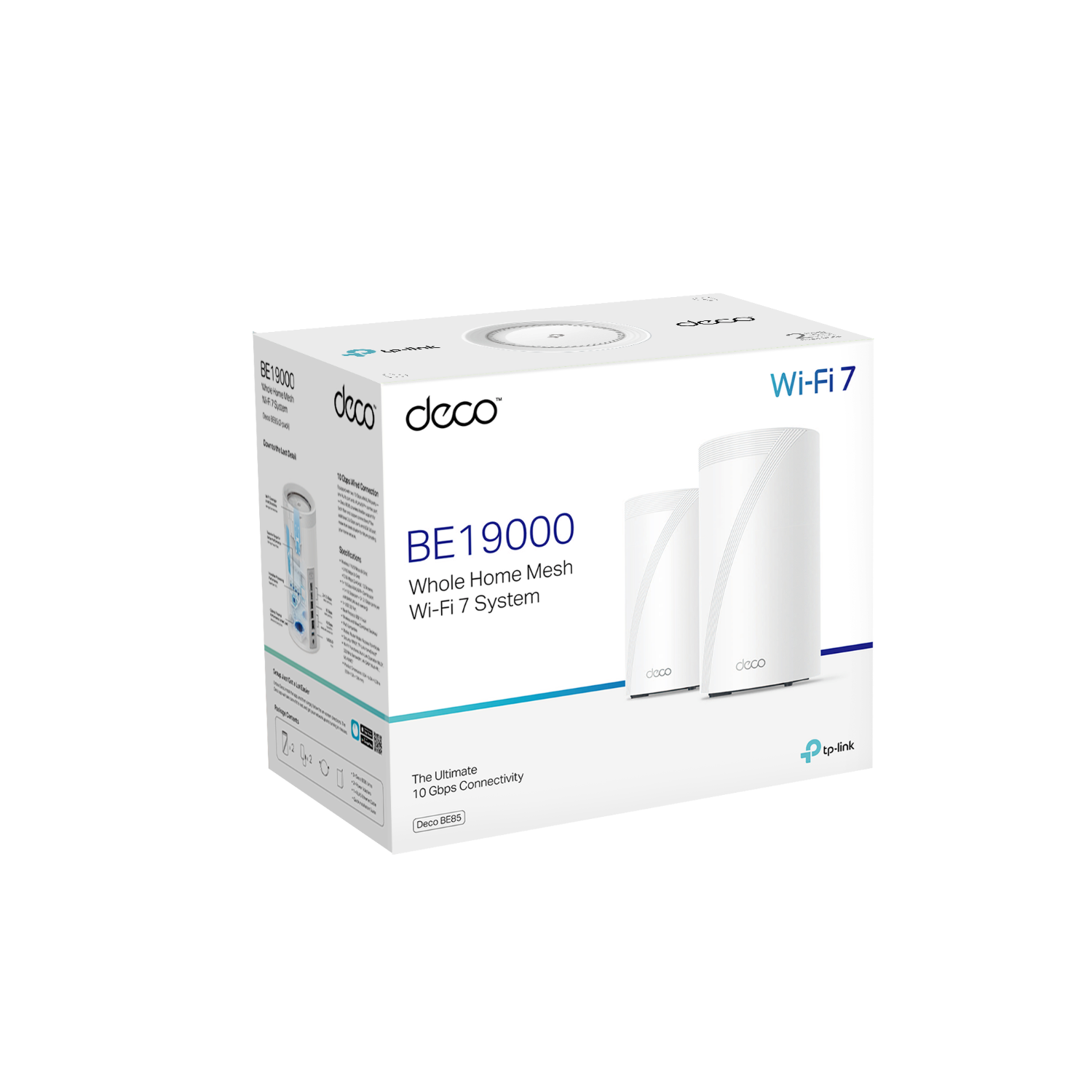 Une boîte blanche avec un système Wi-Fi 7. Elle affiche deux appareils deco et du texte.