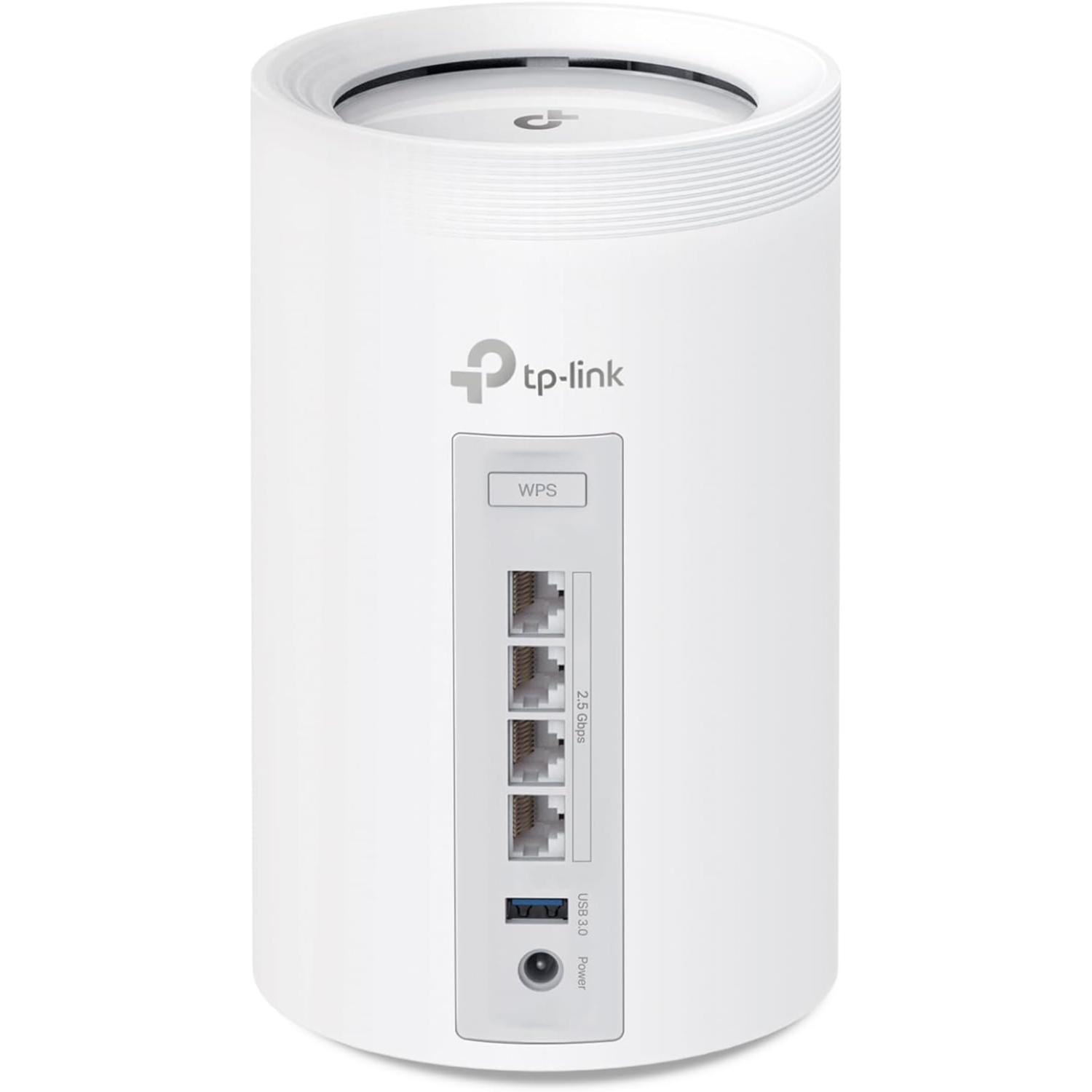 Witte cilindrische router met poorten, USB-poort en stroomingang. Tp-link logo zichtbaar.