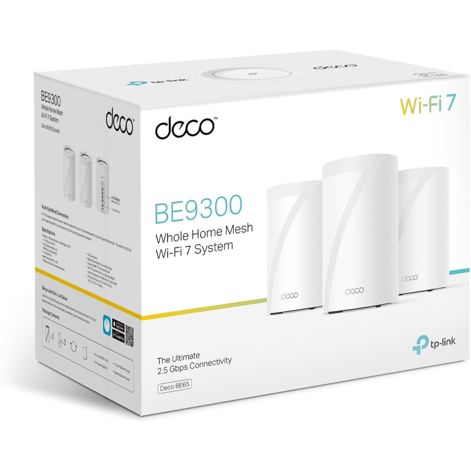 Een witte doos van het TP-Link Deco BE9300 Whole Home Mesh Wi-Fi 7-systeem.
