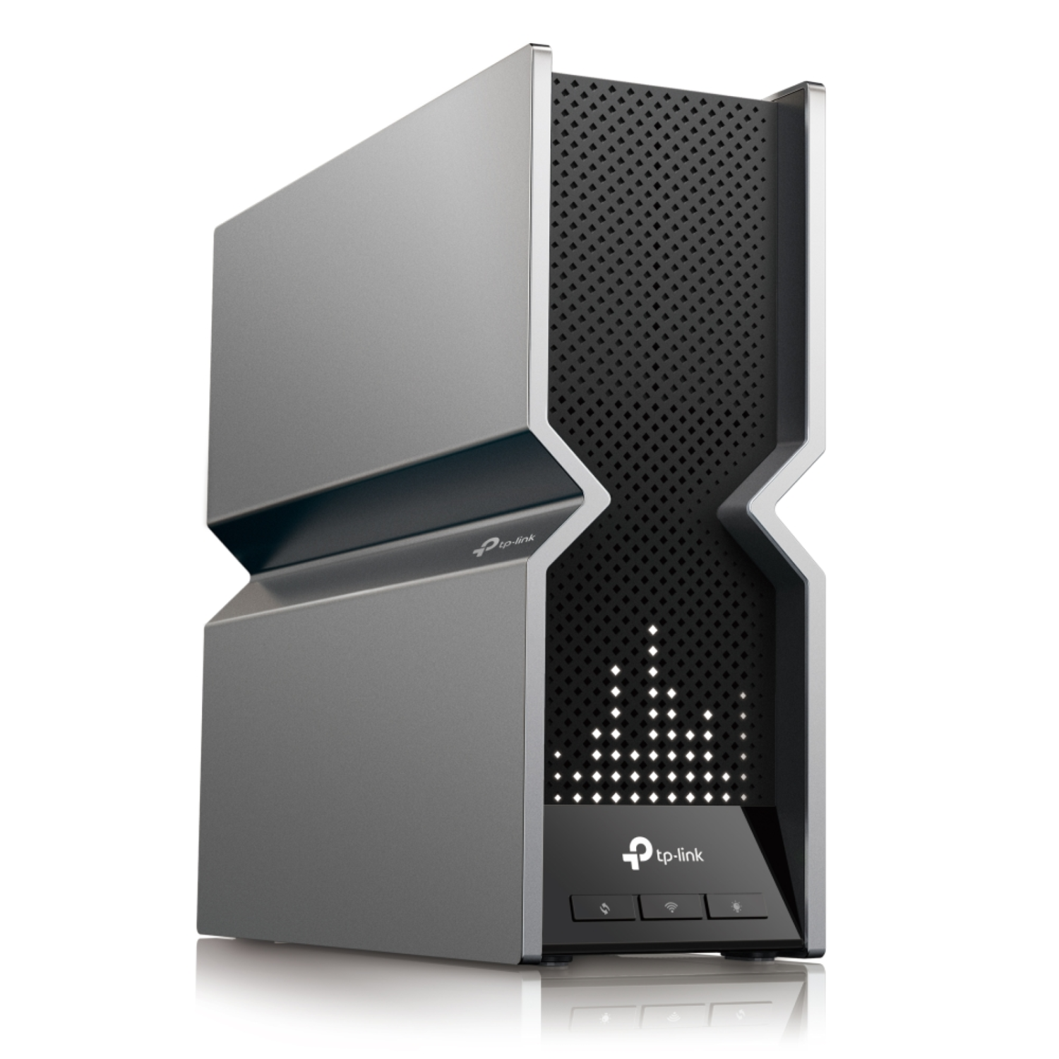 A gray and black TP-Link router/modem against a white background.