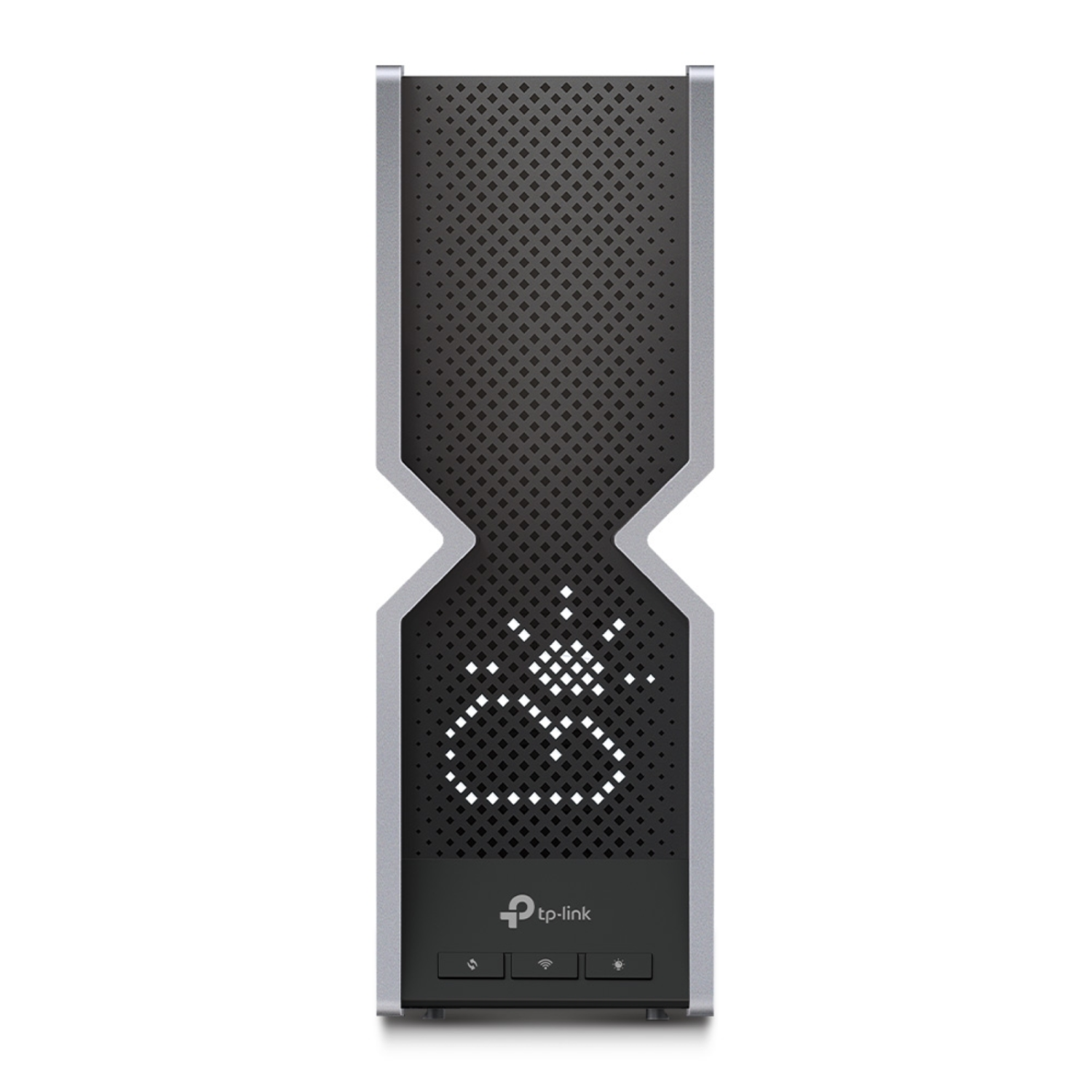 A black and silver router with a perforated front and a tp-link logo at the bottom.