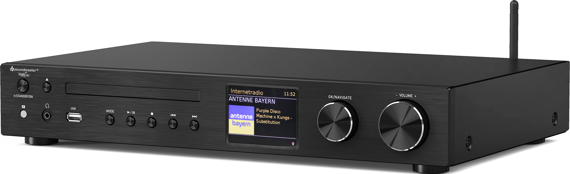 Lecteur CD HiFi noir avec écran et boutons. Il possède un bouton argenté et une antenne.