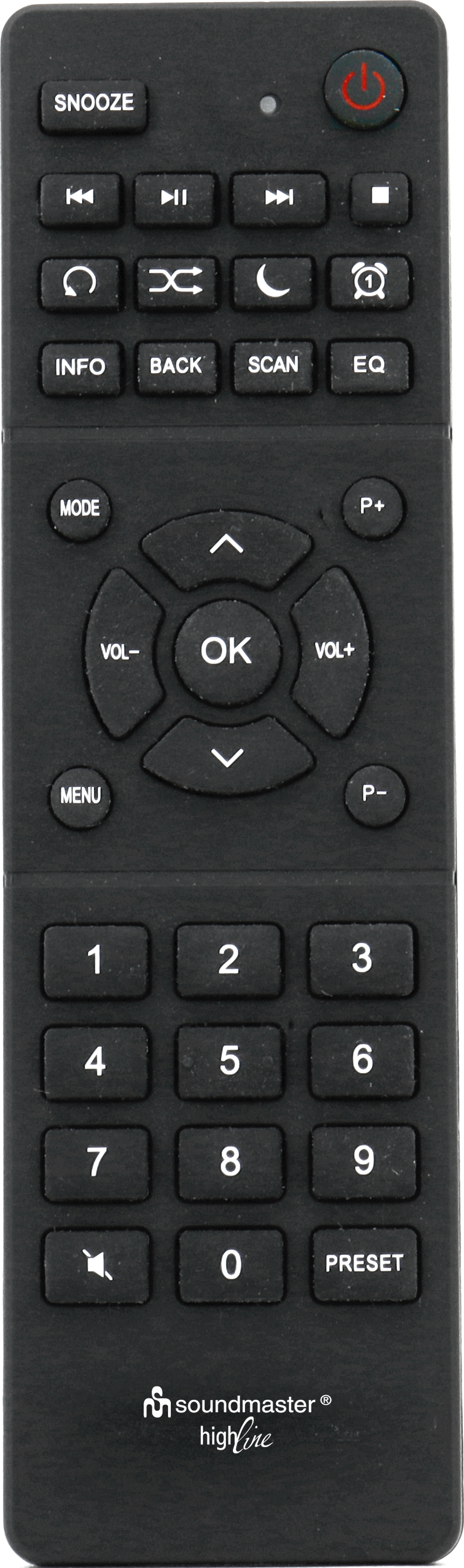 Télécommande noire avec plusieurs boutons et nom de marque en bas.