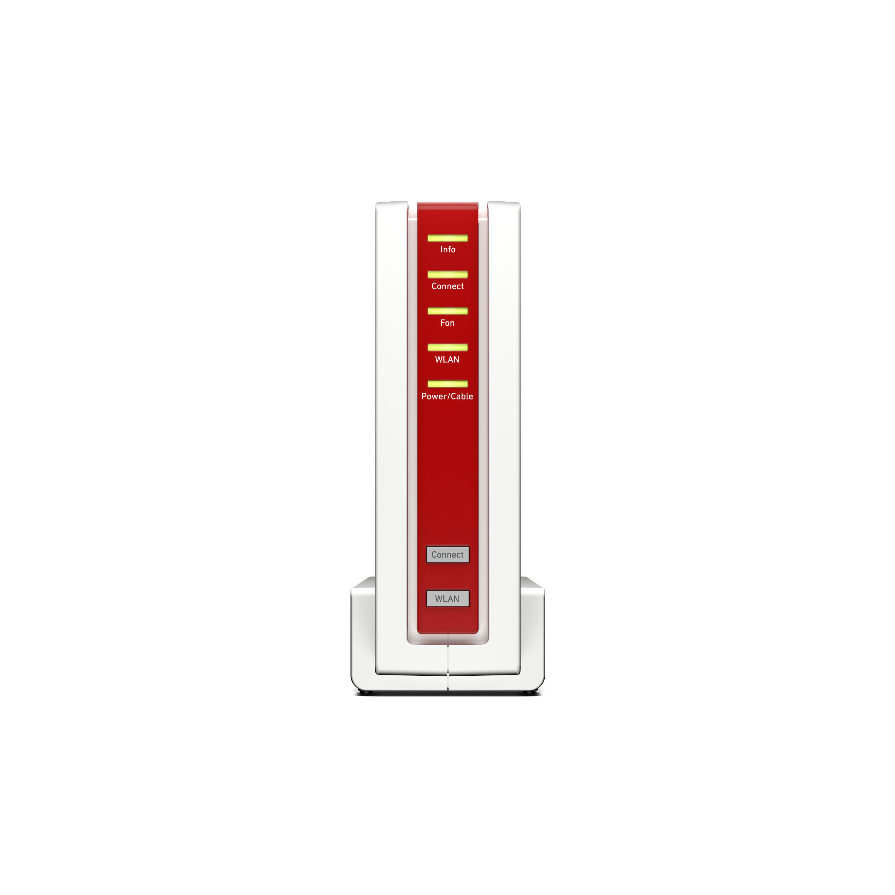 Ein weißer und roter Router mit Lichtern, aufrecht vor weißem Hintergrund.