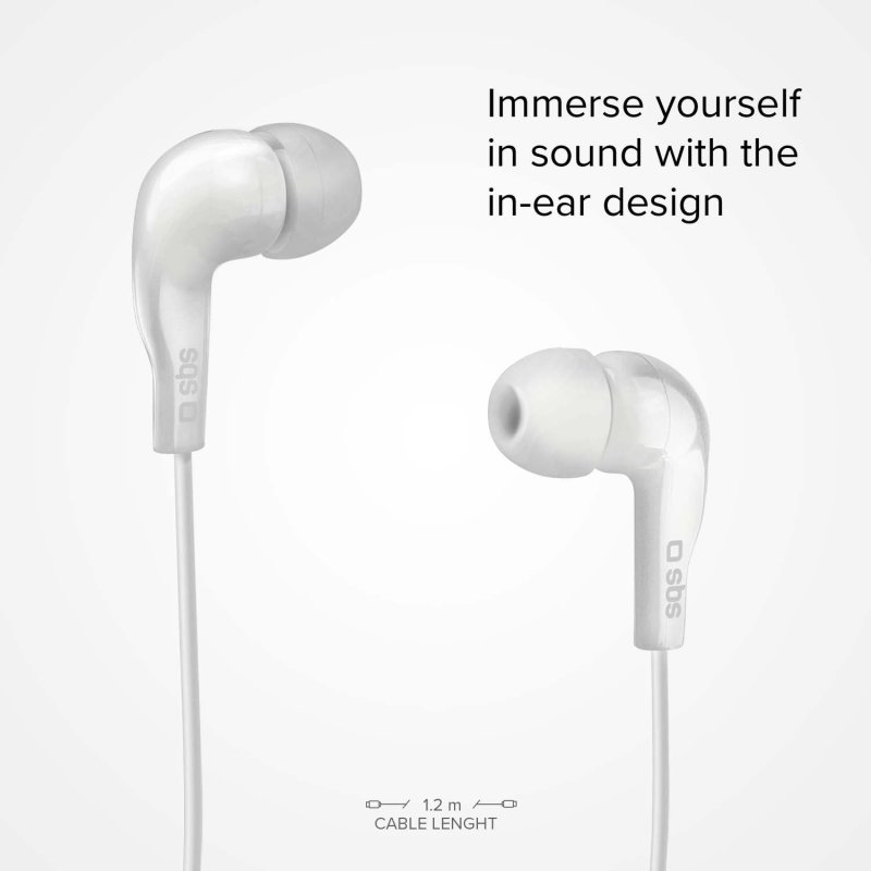 Weiße Ohrhörer mit Kabel, die das In-Ear-Design und den Markennamen zeigen.