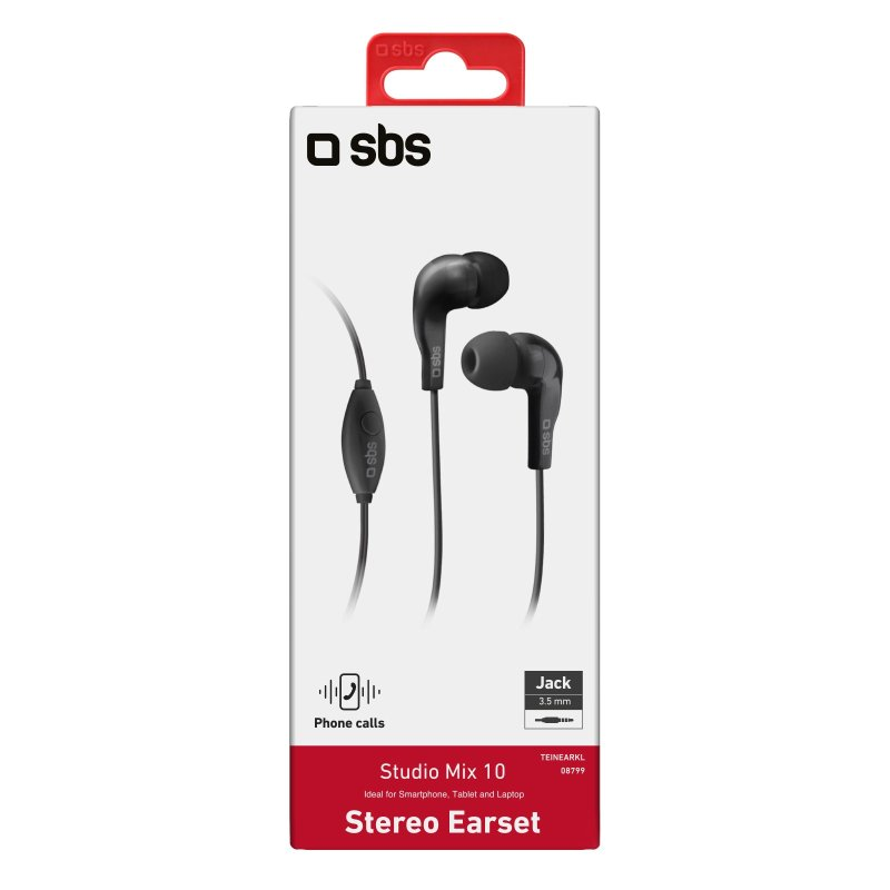 Eine weiße Schachtel mit Studio Mix 10 Stereo-Ohrhörern. Schwarze Ohrhörer und Kabel sind sichtbar.