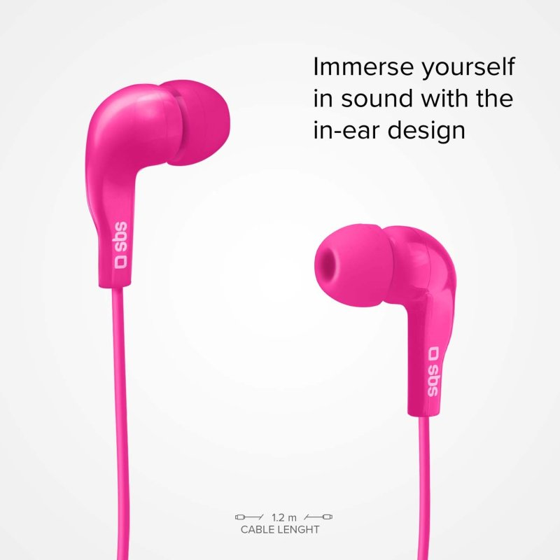 Zwei pinkfarbene In-Ear-Kopfhörer mit dem Text 'Immerse yourself in sound with the in-ear design'.