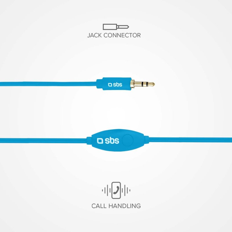 Blaues Audiokabel mit Klinke und Fernbedienung. Das Kabel ist blau mit weißem Text. Weißer Hintergrund.
