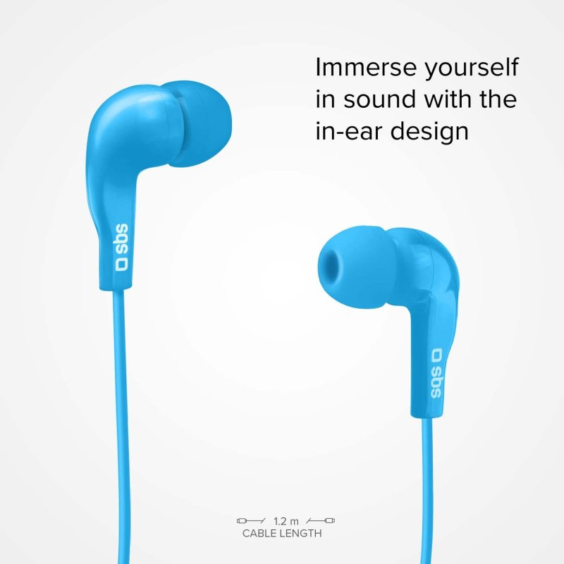 Zwei blaue In-Ear-Kopfhörer mit Kabel, weißer Hintergrund, Text: Kabellänge.