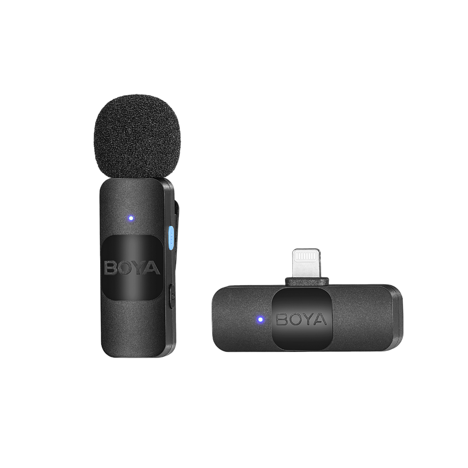 Zwarte BOYA microfoonset, inclusief een microfoon en een ontvanger.