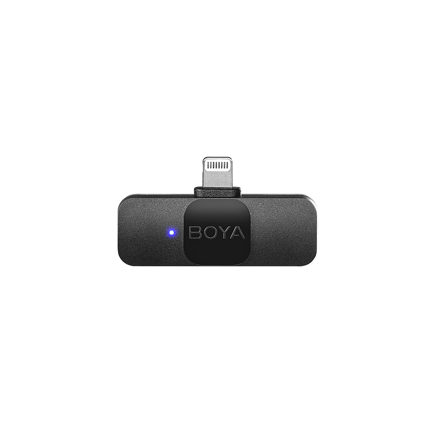 Zwarte audio-adapter met lightning-connector. Het apparaat heeft een blauwe LED.