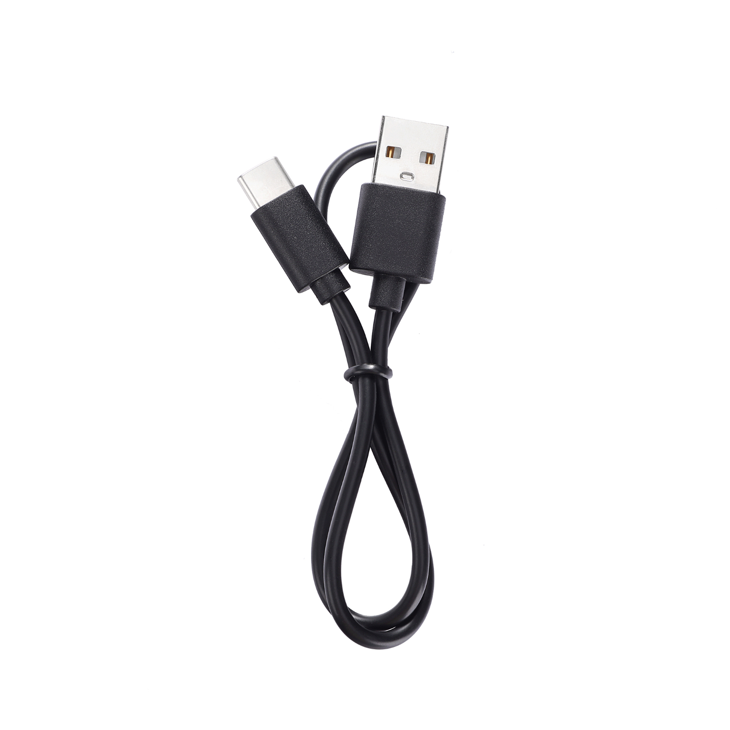 Zwarte USB-C naar USB-kabel, witte achtergrond.