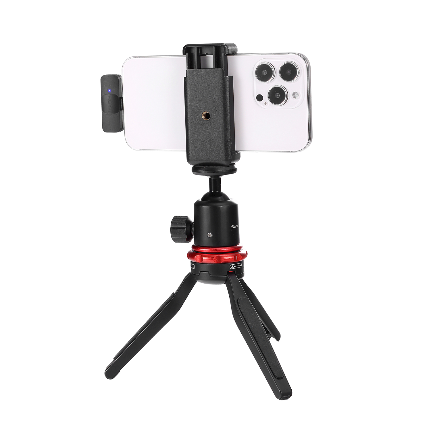 Een smartphone gemonteerd op een mini-statief met een microfoon bevestigd.