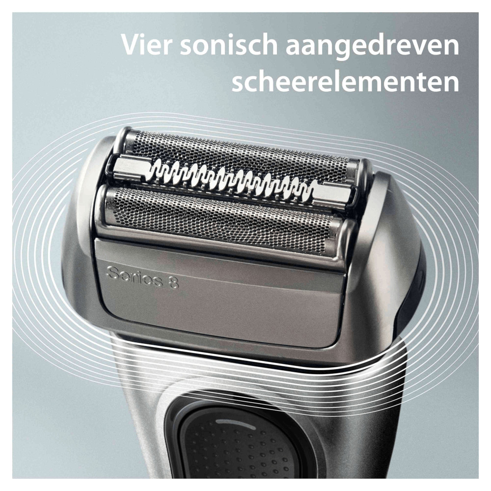 Een close-up van een zilveren scheerapparaat met vier sonische scheerelementen.
