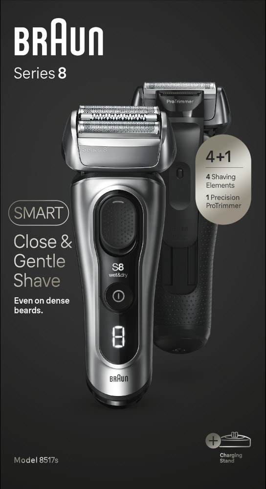 Braun Series 8 scheerapparaat. Twee scheerapparaten getoond, één met oplaadstandaard. Dicht en zacht scheren.