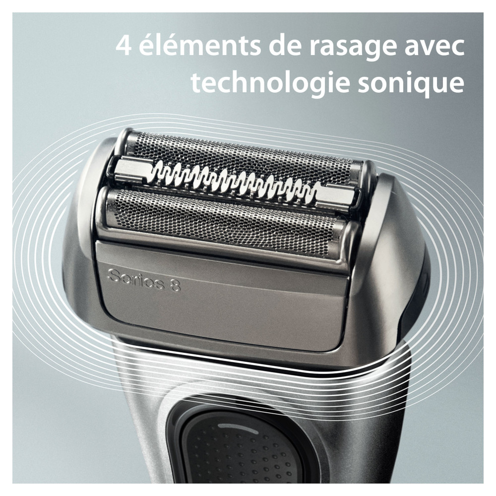 Gros plan sur un rasoir électrique. Le rasoir possède quatre éléments de rasage avec technologie sonique.