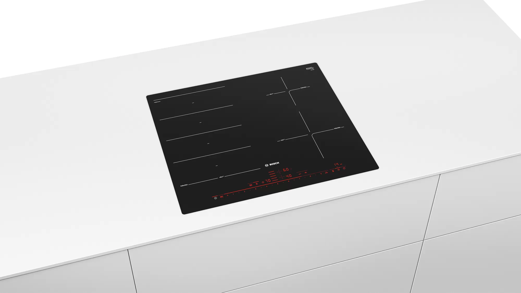 Une table de cuisson à induction noire est sur une surface blanche. Elle a des affichages numériques rouges. Design noir et élégant.