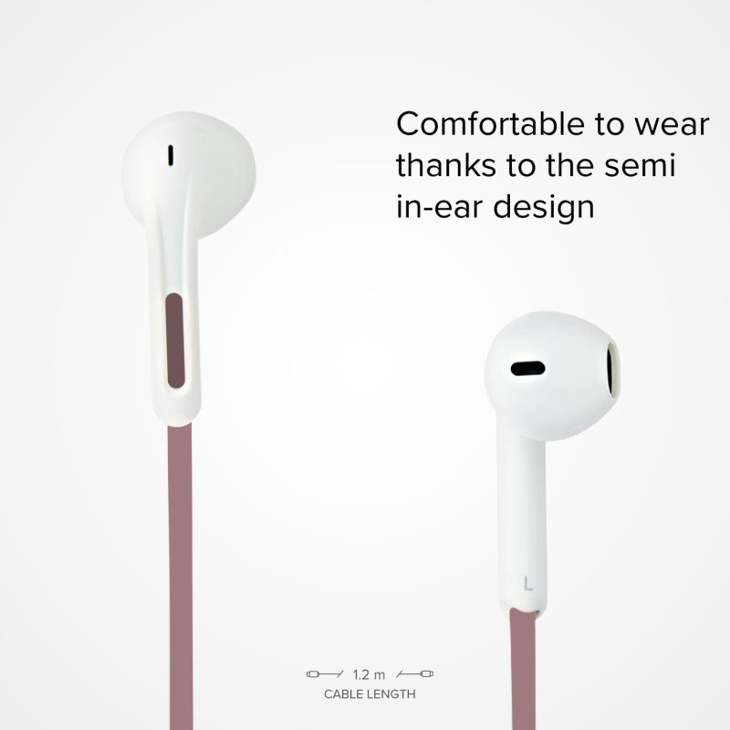 Weiße Semi-In-Ear-Kopfhörer mit rosa Kabel. Text sagt, dass sie angenehm zu tragen sind.