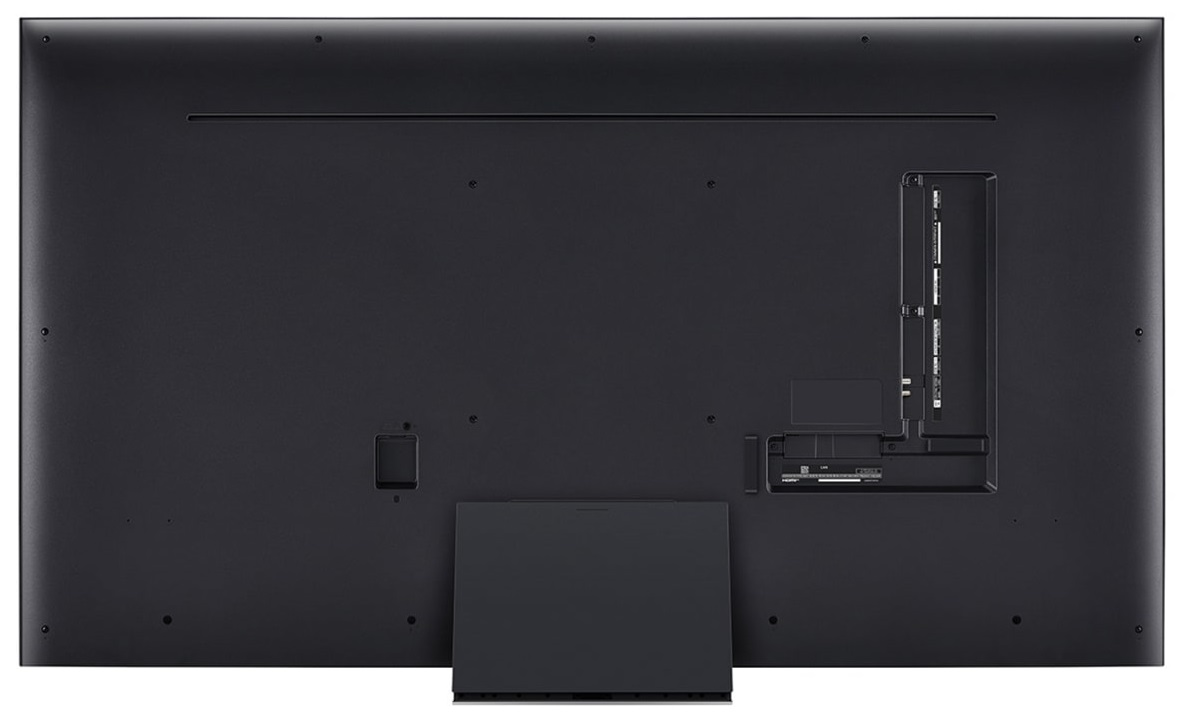 Tył czarnego telewizora LG z portami i podstawką.