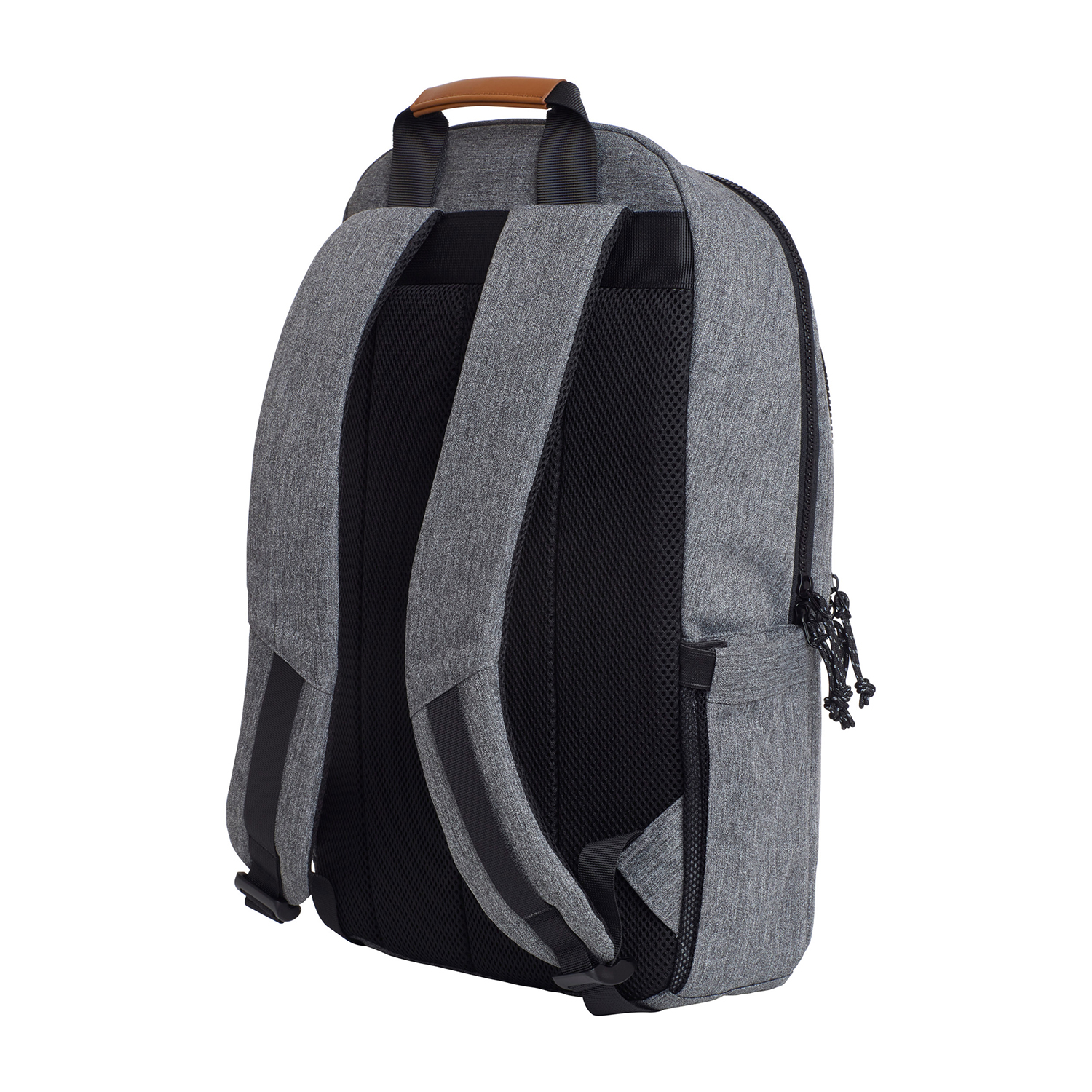 Zaino grigio con cinghie nere e manico marrone. Il retro ha un design a rete.