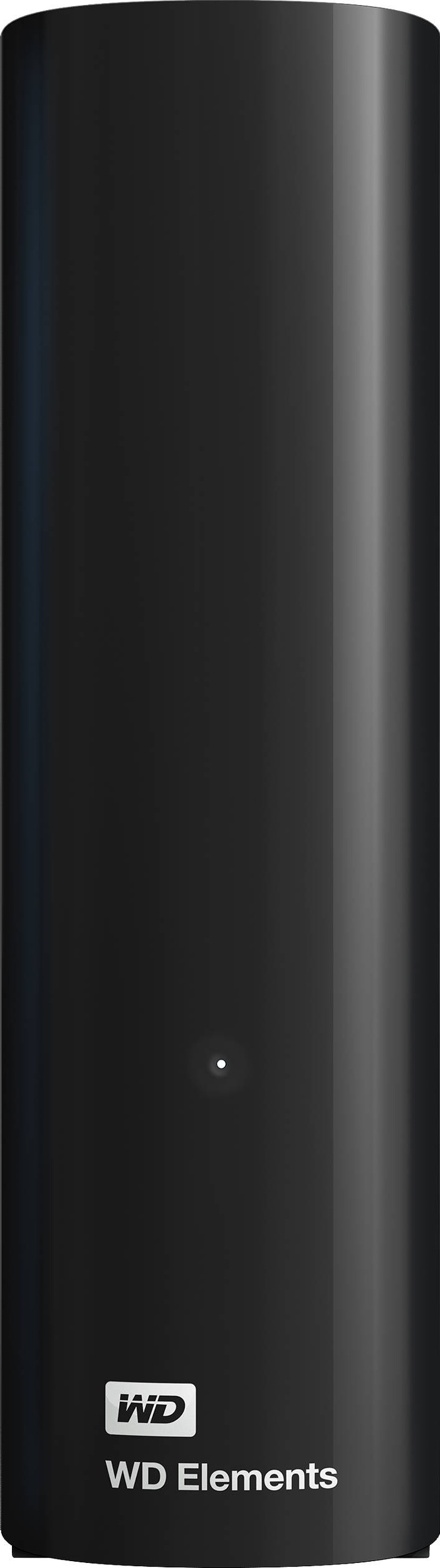 Un disque dur externe WD Elements, noir et haut. Le logo WD est visible.