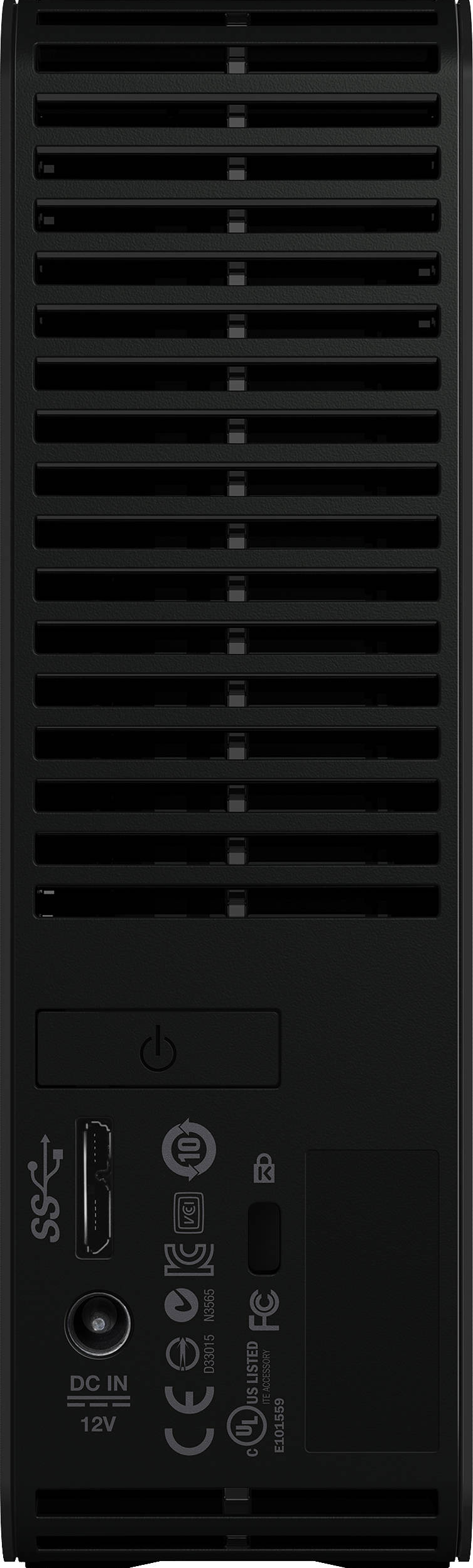Disque dur externe noir. Vue arrière avec ports. Le bouton d'alimentation est visible.