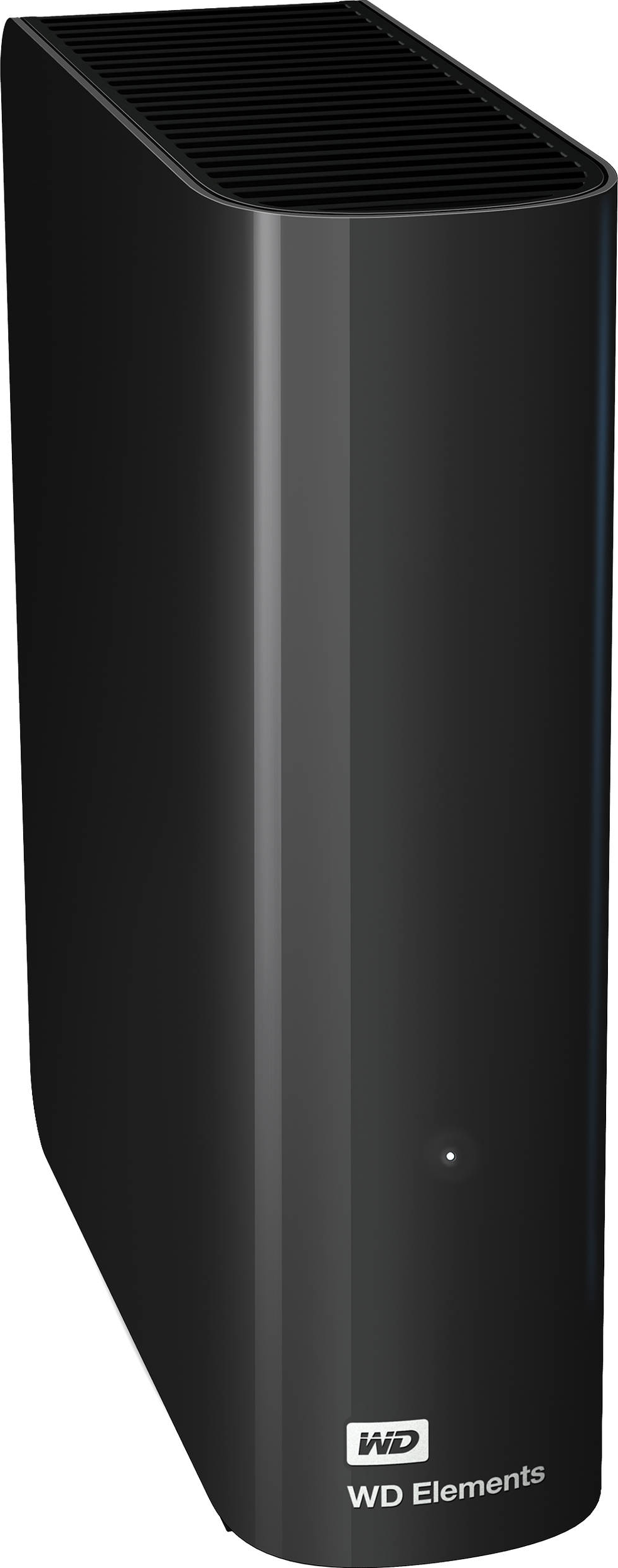Disque dur externe WD Elements noir. Il a une forme rectangulaire avec le logo WD en bas.