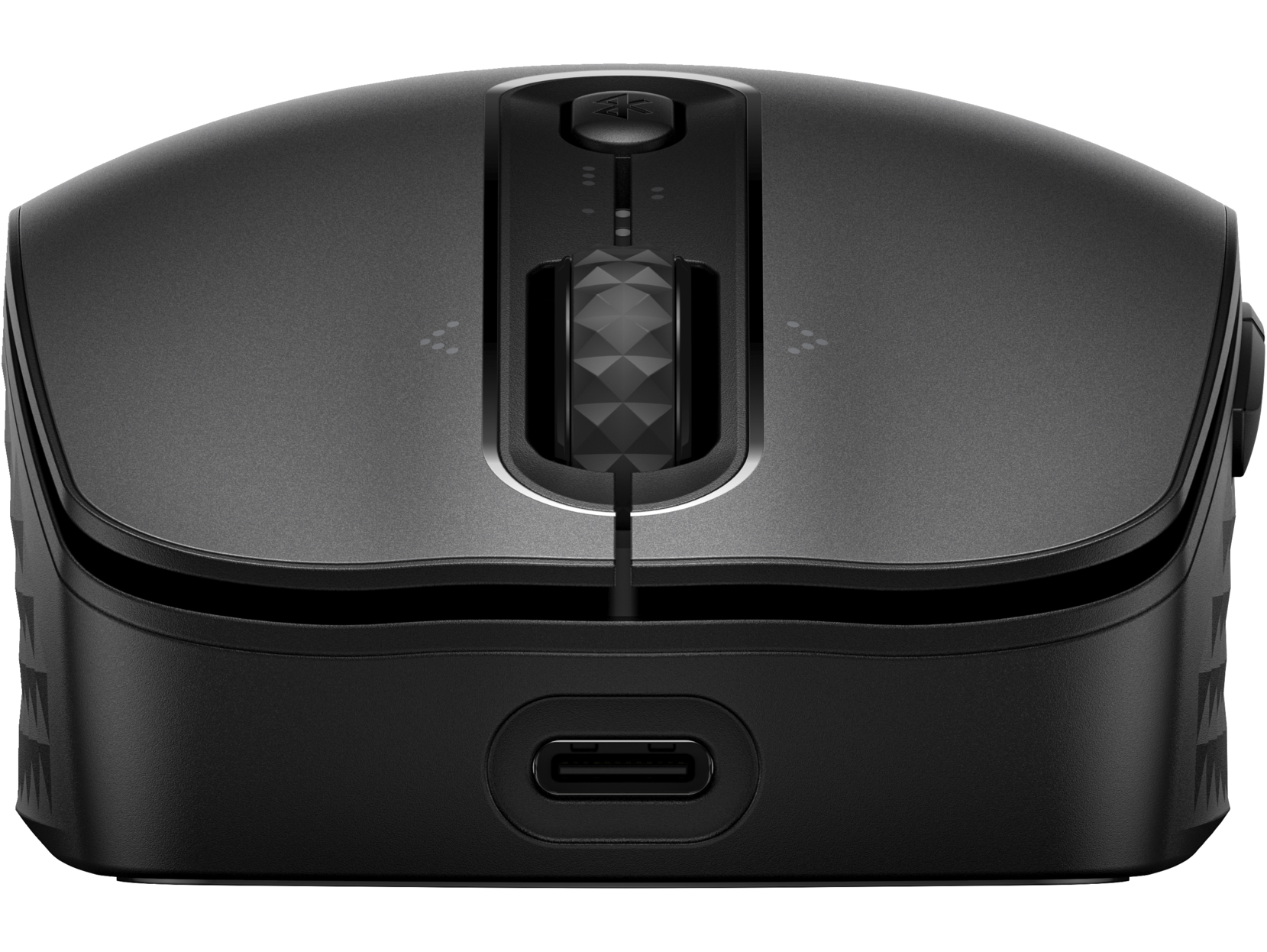 Ratón de ordenador negro, vista superior, con rueda de desplazamiento y puerto USB-C frontal.