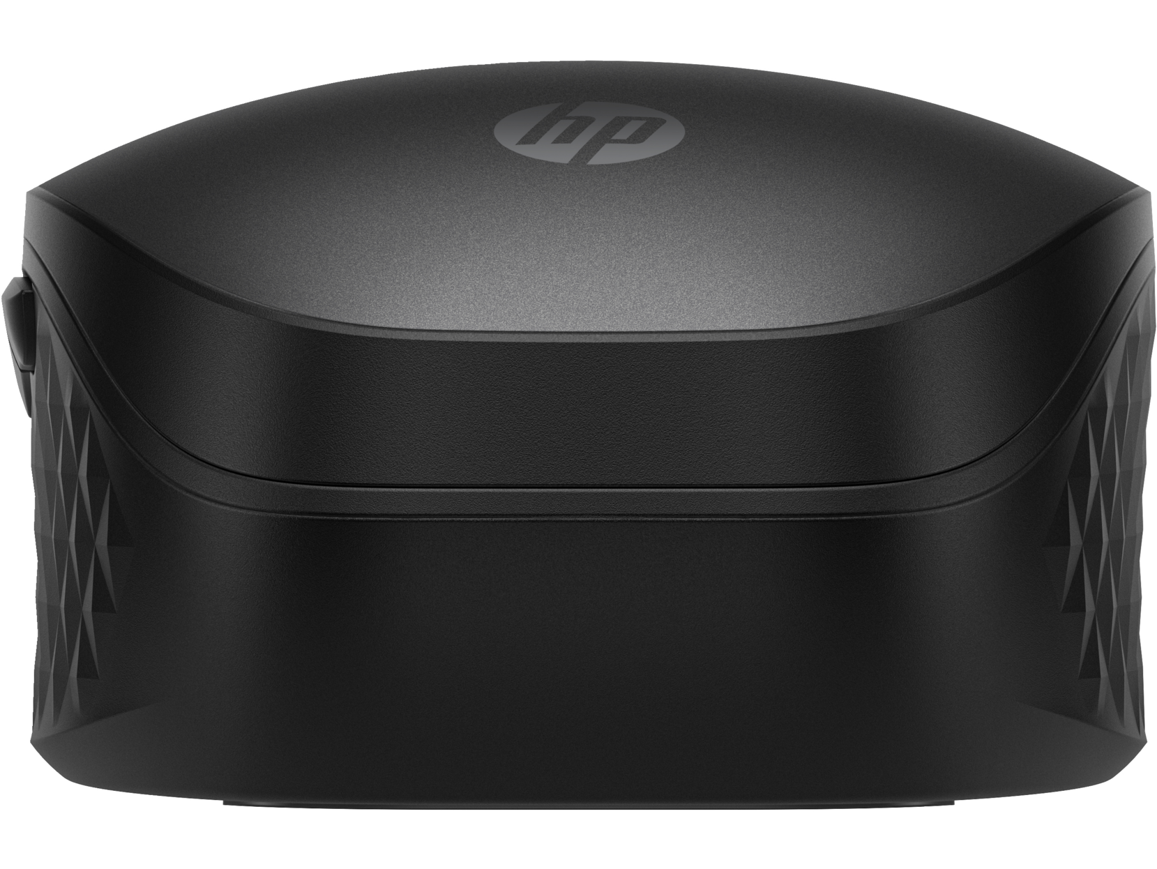 Un ratón inalámbrico HP negro, de forma redondeada con el logo de HP arriba.