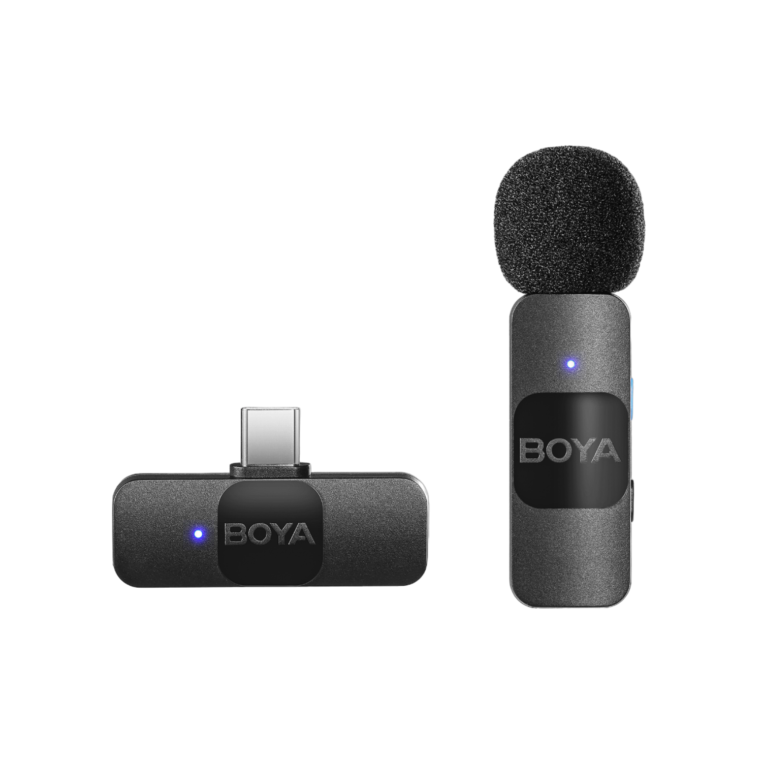 Twee draadloze microfoons met BOYA-logo's, één met een USB-C-connector, beide op een zwarte achtergrond.