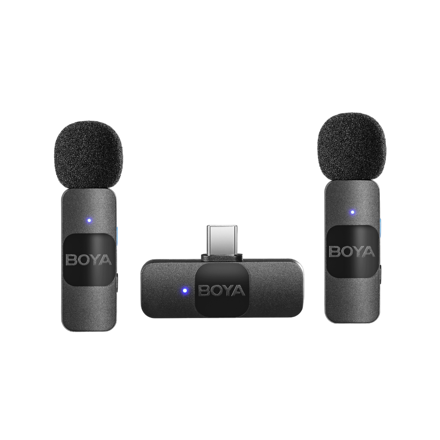 Drie kleine, zwarte microfoons. Twee voor de oren en één voor de USB-C-poort.