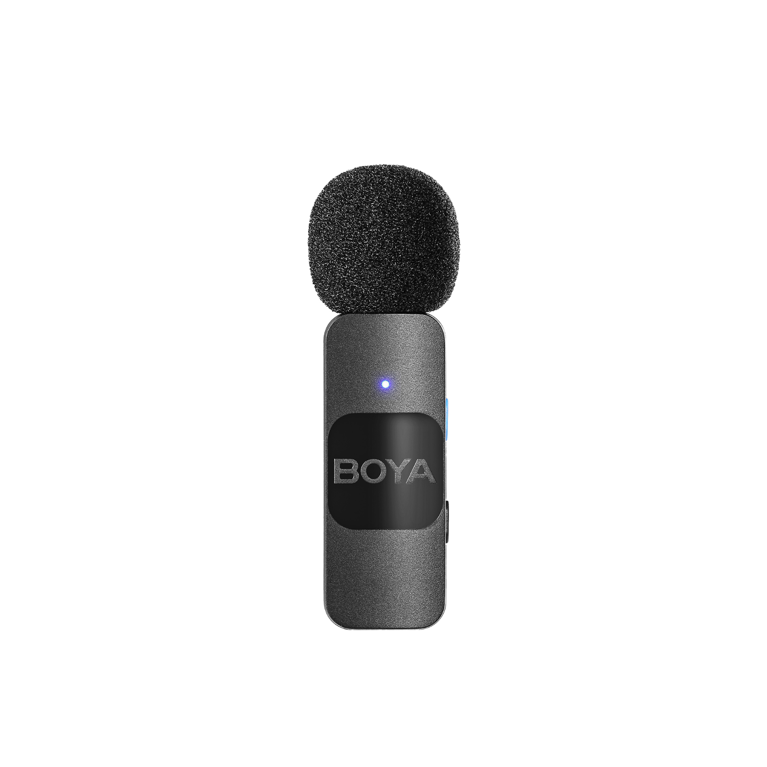 Een zwarte en grijze Boya-microfoon met een blauw lampje.