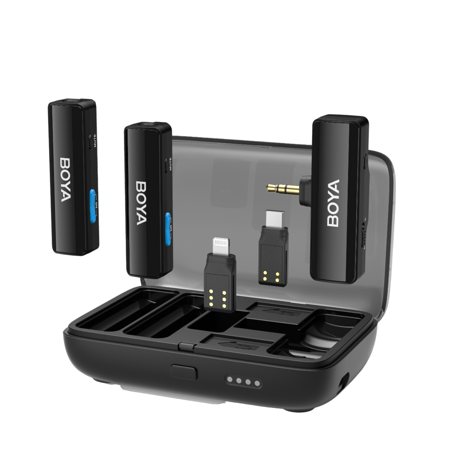 Zwarte draadloze microfoonkit, inclusief microfoons, oplaadcase en adapters.