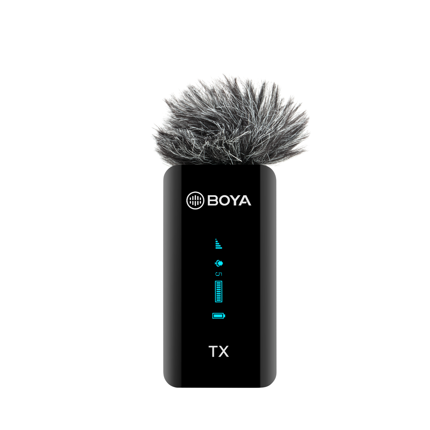 Zwarte BOYA TX microfoon met een harige windkap, op een zwarte achtergrond.