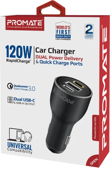 Un chargeur de voiture dans une boîte avec texte : '120W Car Charger' et 'Dual Power Delivery & Quick Charge Ports'.
