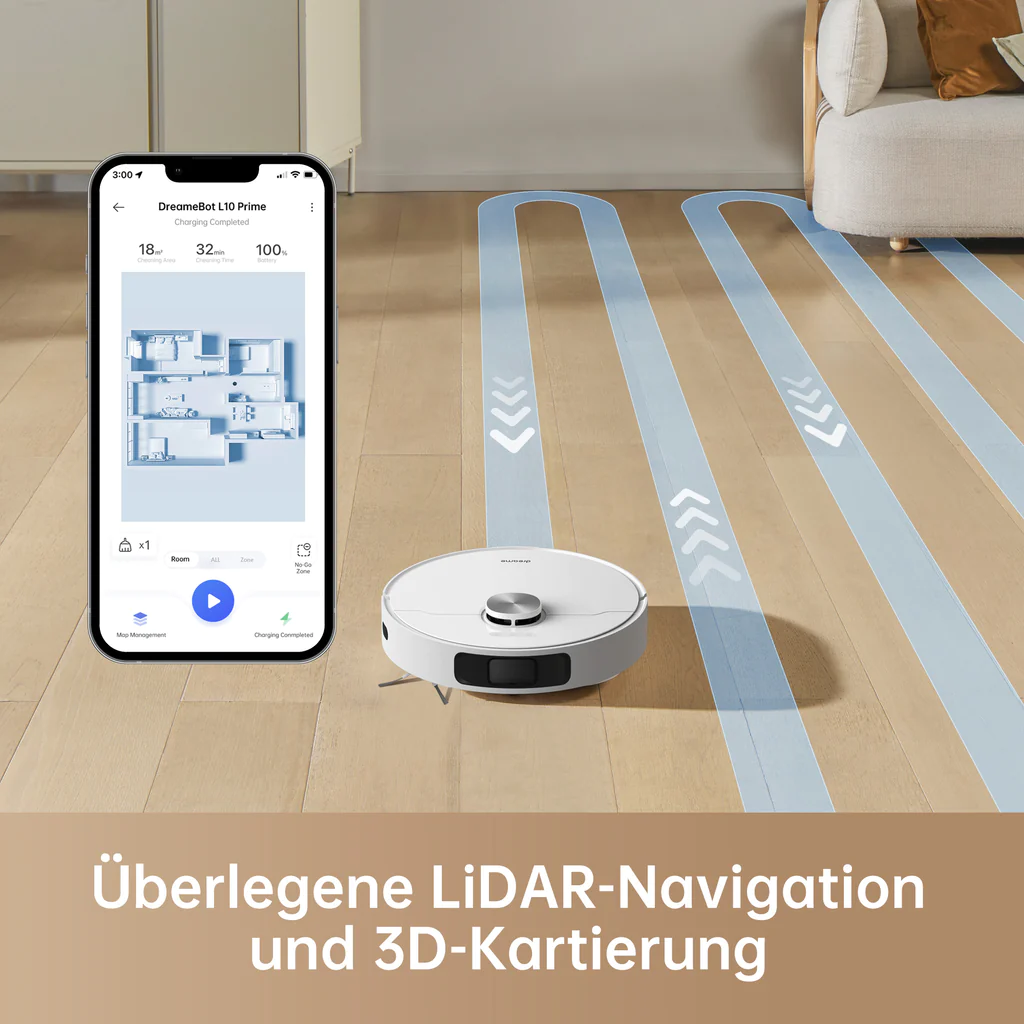 Ein Roboter-Staubsauger und ein Telefon, das eine Kartenansicht mit blauen Reinigungspfaden zeigt.