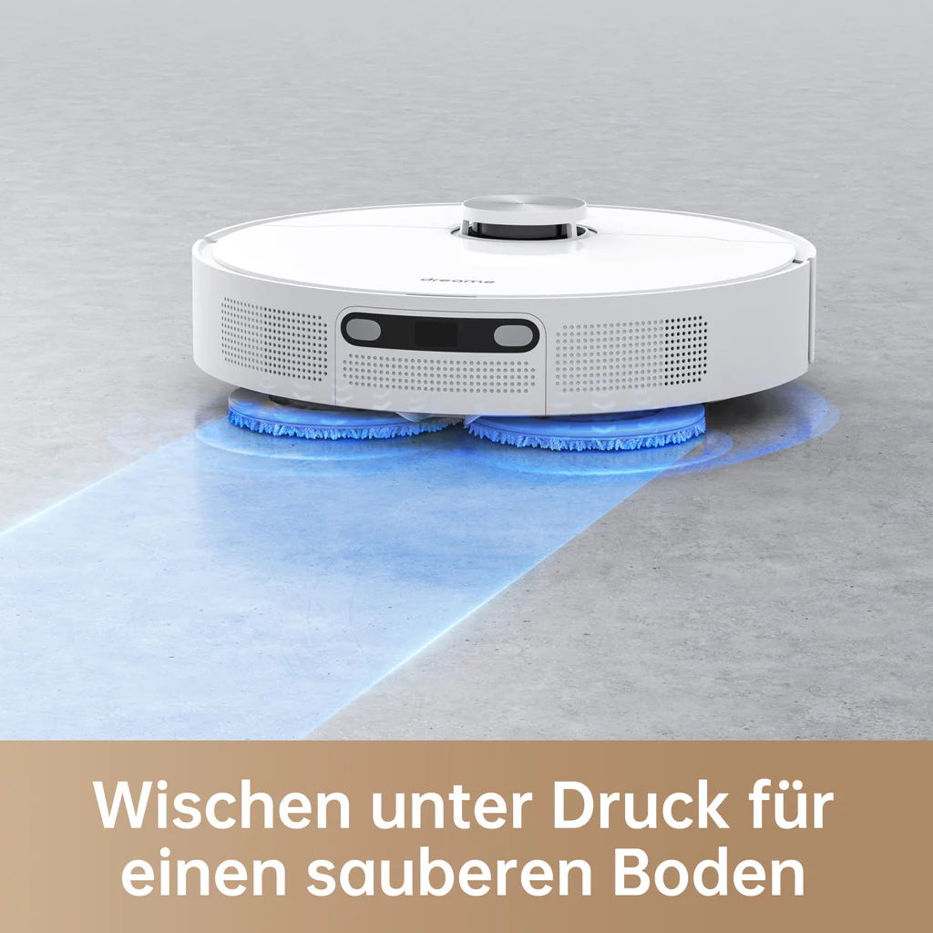 Ein weißer Roboter-Staubsauger reinigt einen Boden. Es hat blaue Pads und einen blauen Reinigungspfad.