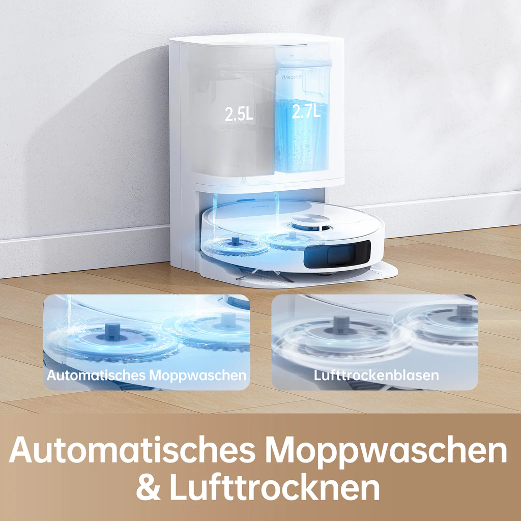 Ein weißer Dreame Roboter-Staubsauger mit zwei Wassertanks und Text.