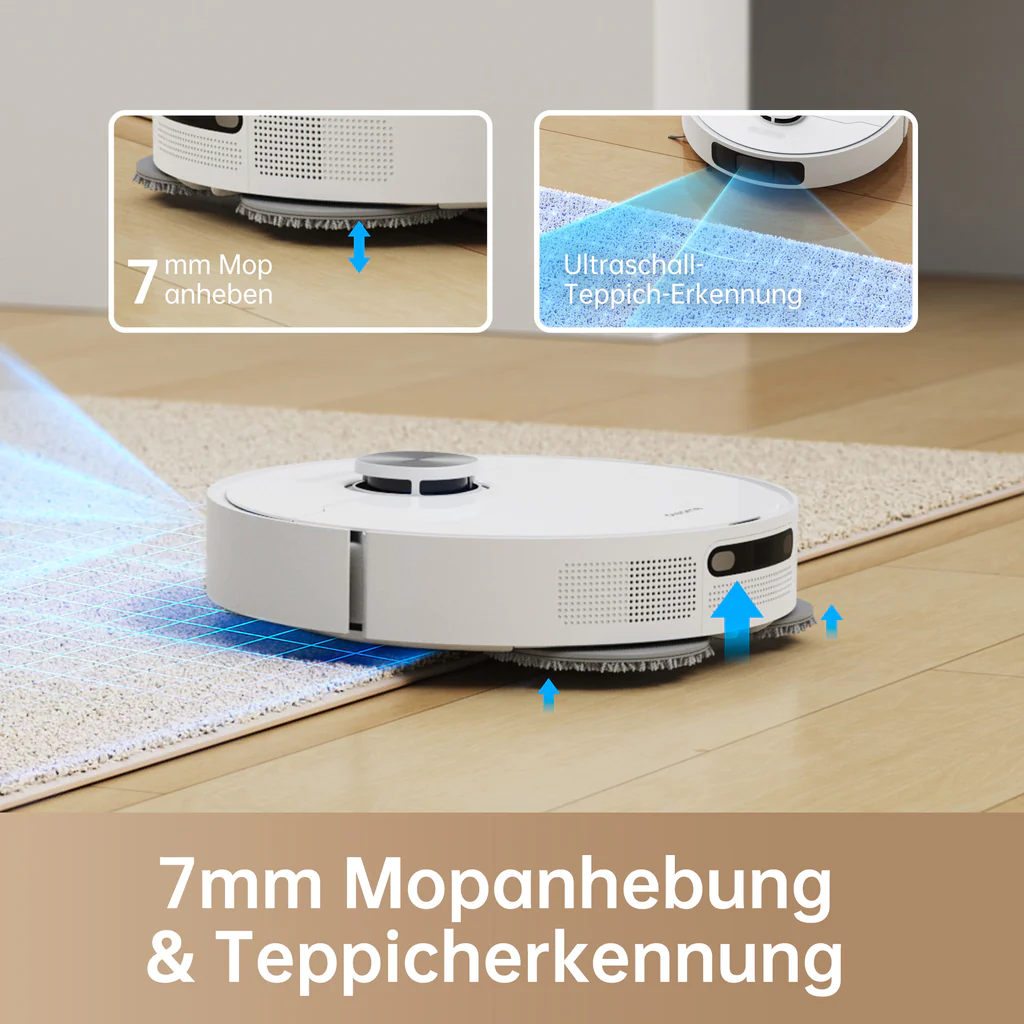Ein Roboter-Staubsauger zeigt Moppanhebung und Teppicherkennung.