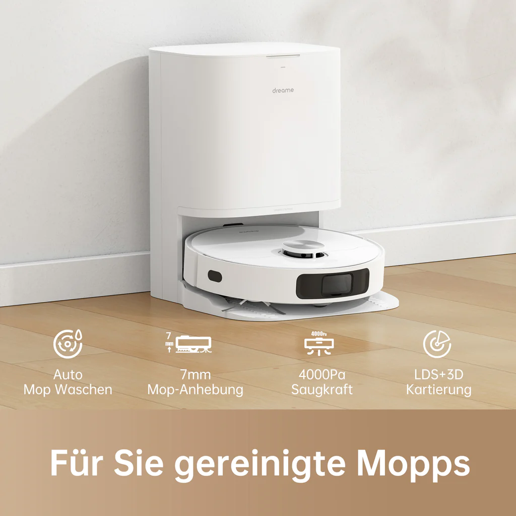 Ein weißer Roboter-Staubsauger und eine Basiseinheit. Funktionen sind beschriftet. Der Boden ist Holz.