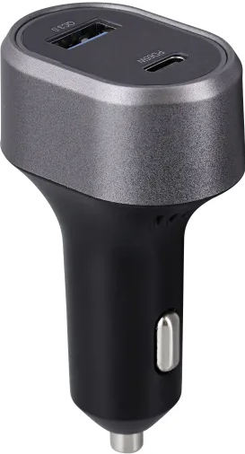 Chargeur de voiture avec ports USB et USB-C. Design gris et noir.