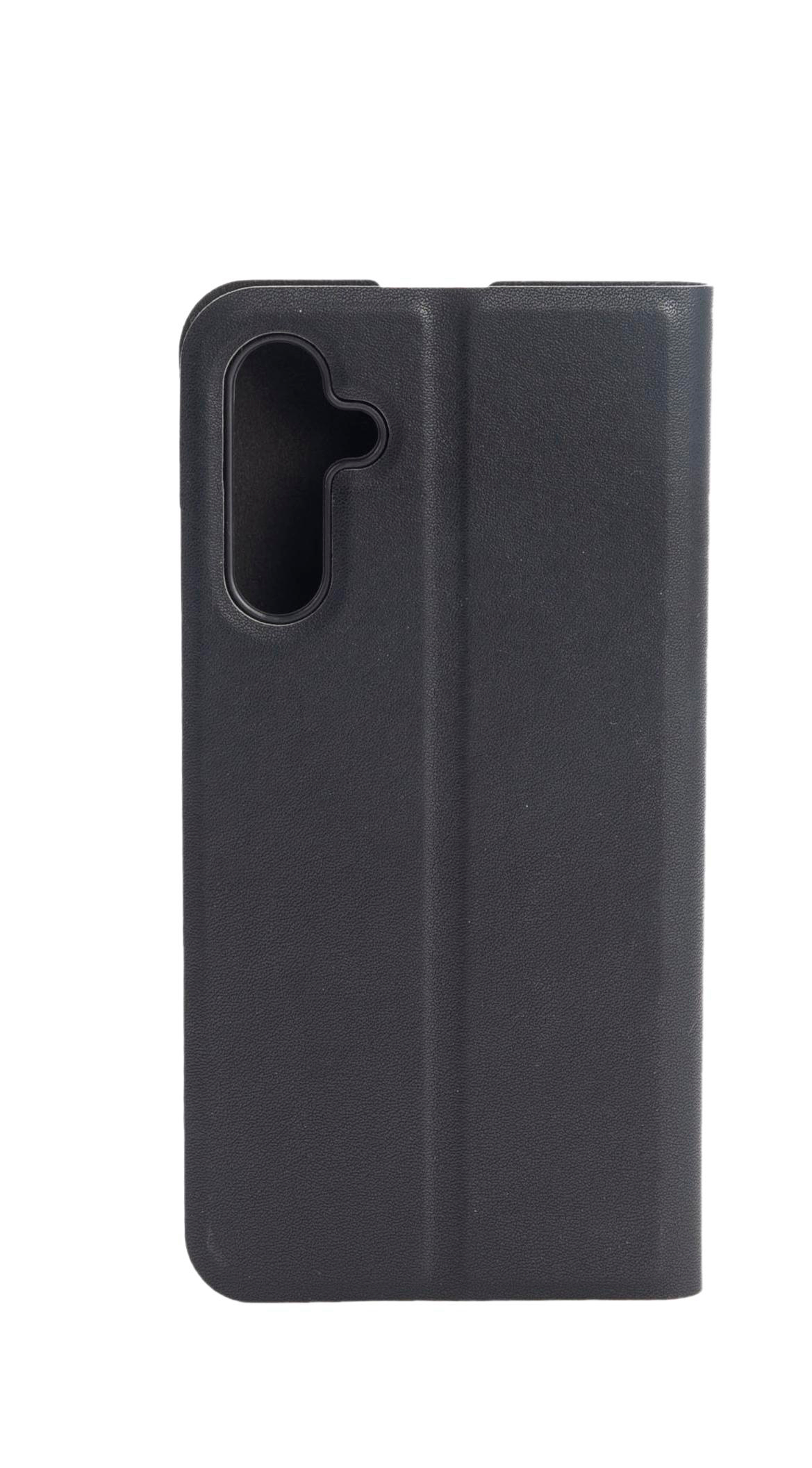 Eine geschlossene, schwarze Handyhülle mit einem Kamera Loch.