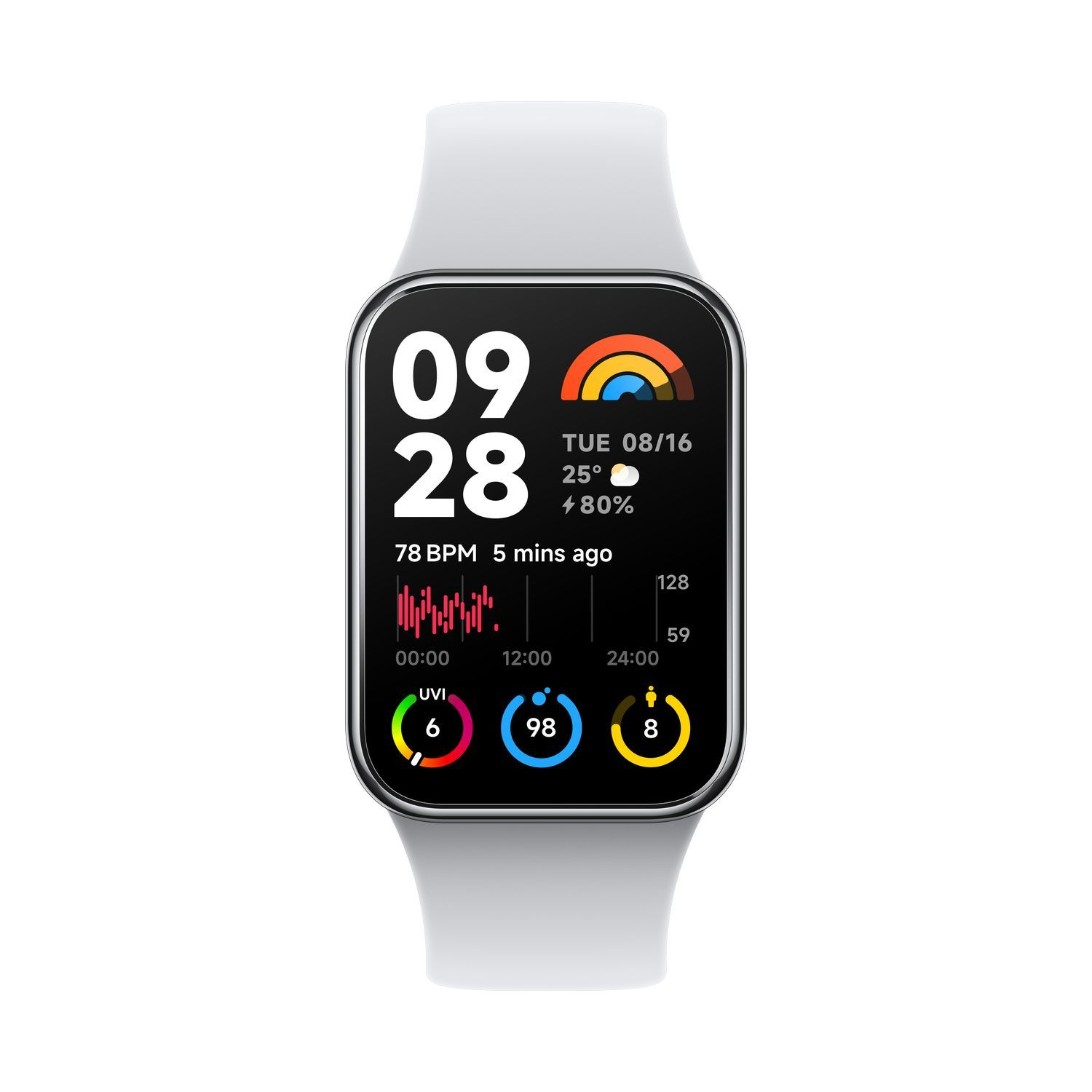 Une montre connectée blanche avec un bracelet blanc affiche l'heure et les données de santé.