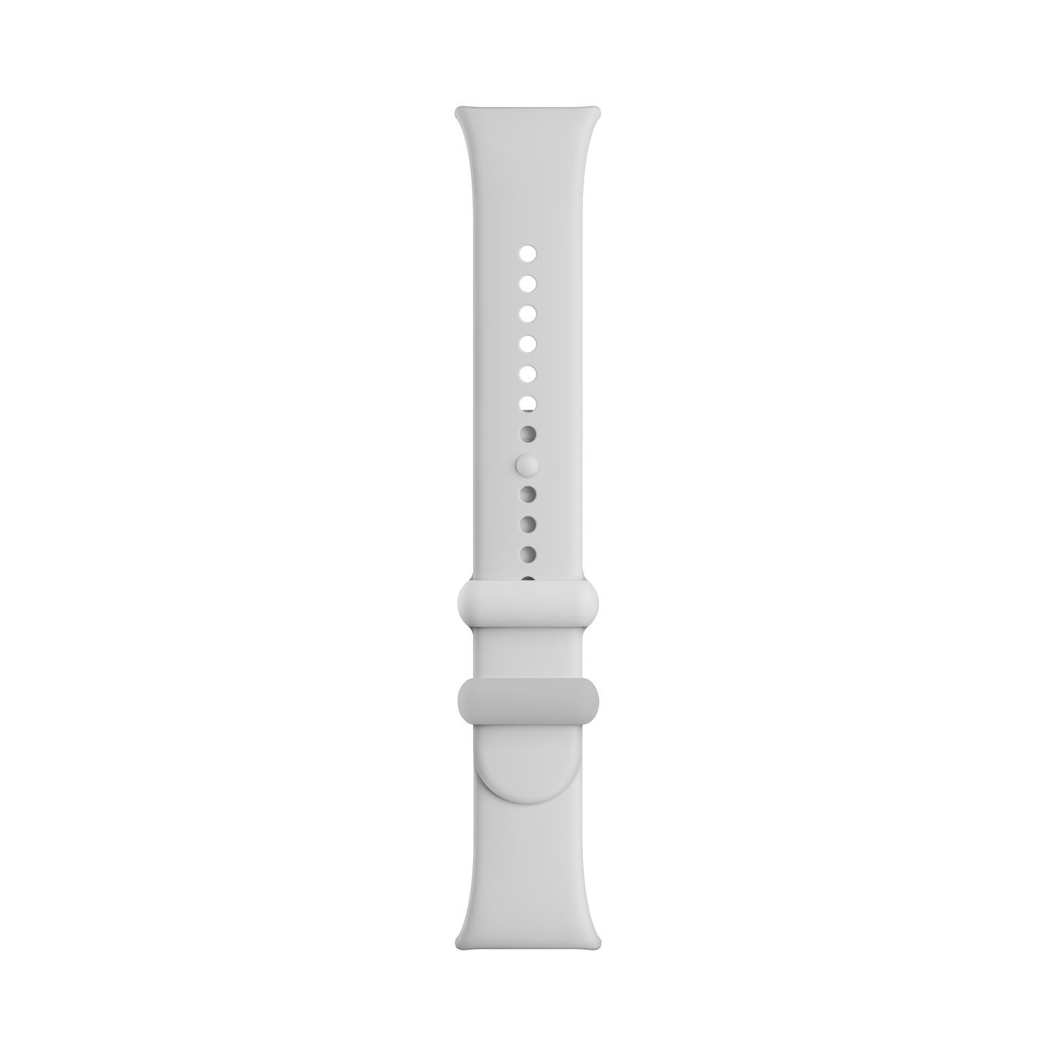 Un bracelet de montre blanc avec une série de trous pour le réglage et un fermoir. Il est sur un fond blanc.