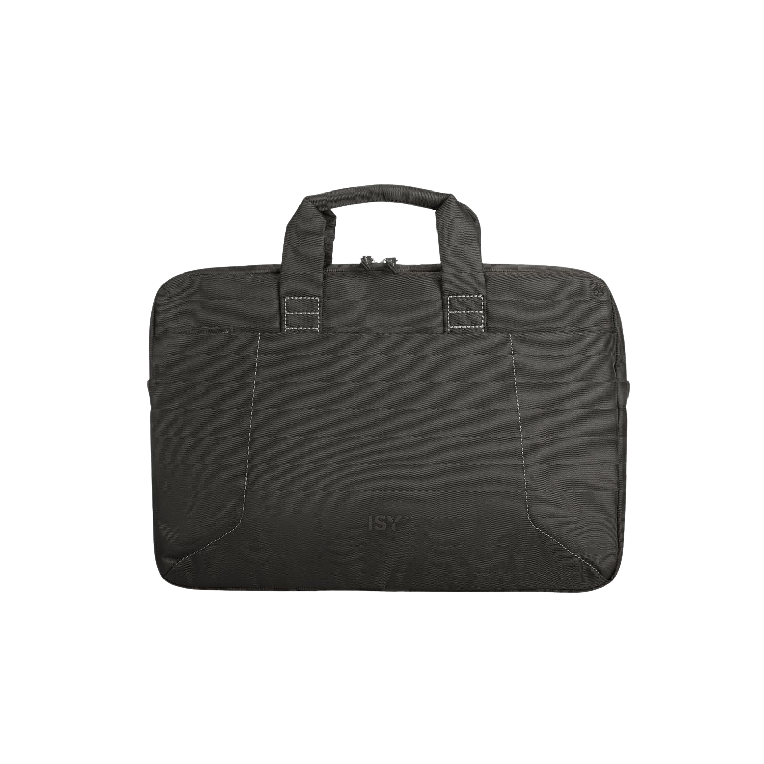 Zwarte ISY laptoptas met een handvat. Een zak met witte stiksels aan de voorkant.